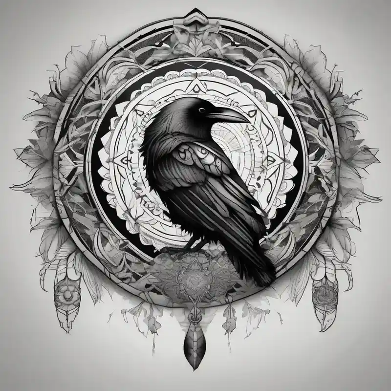 black and white style Raven Tattoo Ideas in 2025 about left arm tattoo of a raven mandala on a branch surrounded by mandala half sleeve tattoos for men and left arm tattoo of a raven mandala on a branch surrounded by mandala half sleeve tattoos for men